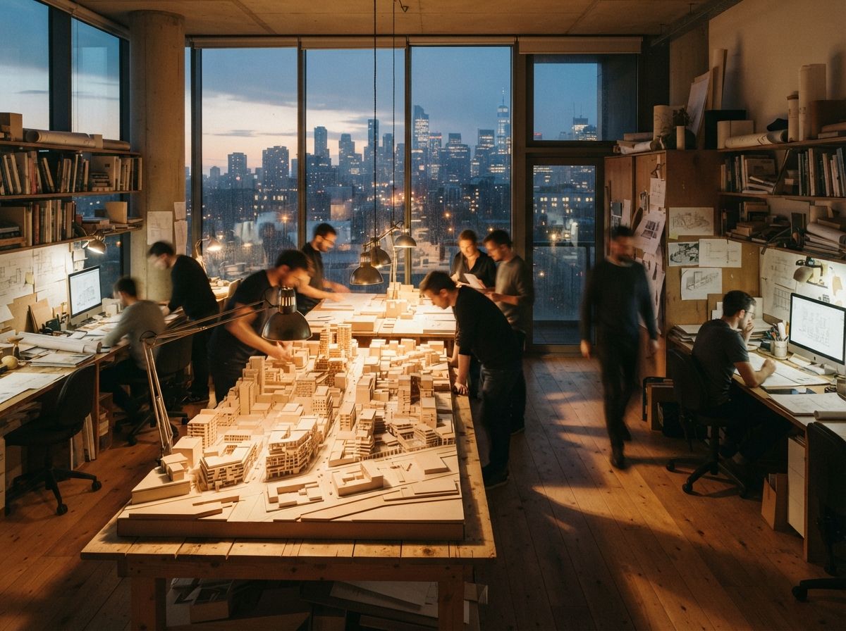 An active architectural studio floor at dusk featuring a large illuminated scale model in the foreground and blurred silhouettes of designers working.