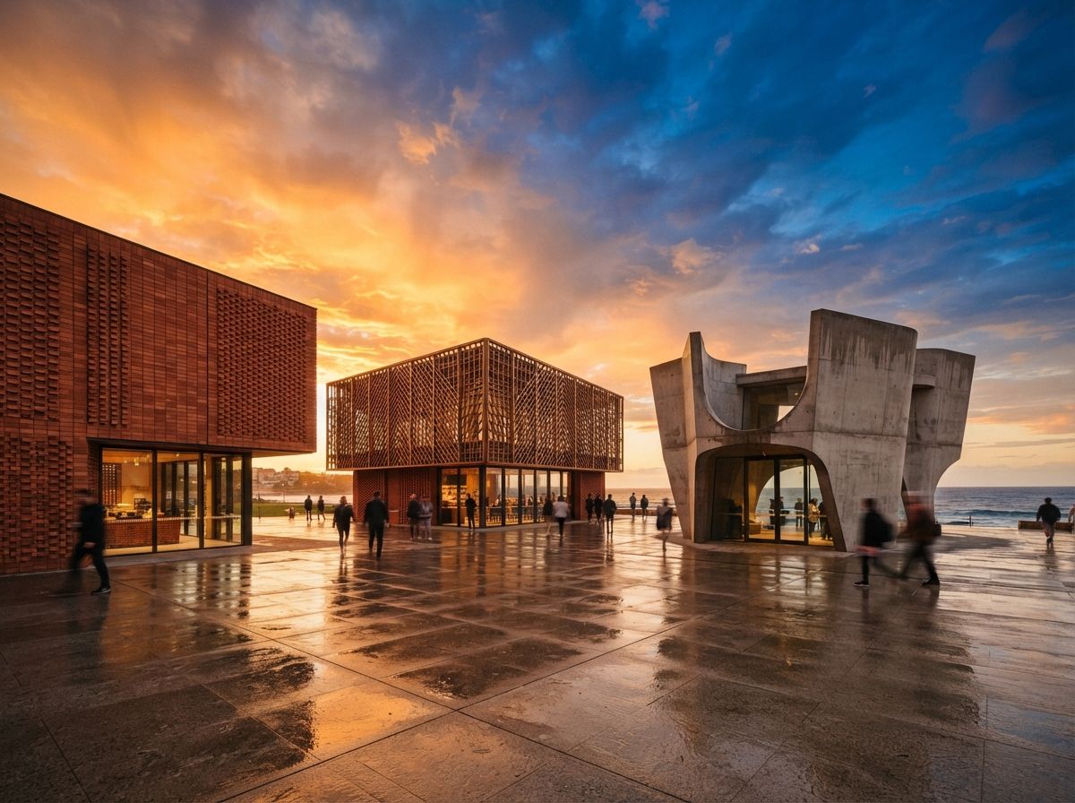 Three distinct architectural building pavilions made of different materials stand on a wet coastal plaza under a bright sunset sky.