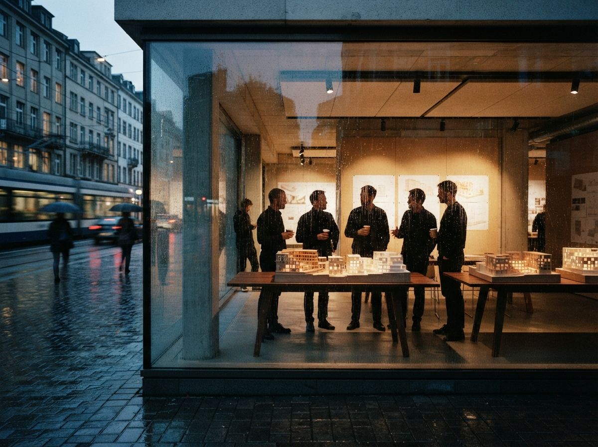 Rain-streaked exterior view of a warmly lit boardroom where clients inspect three scale models.