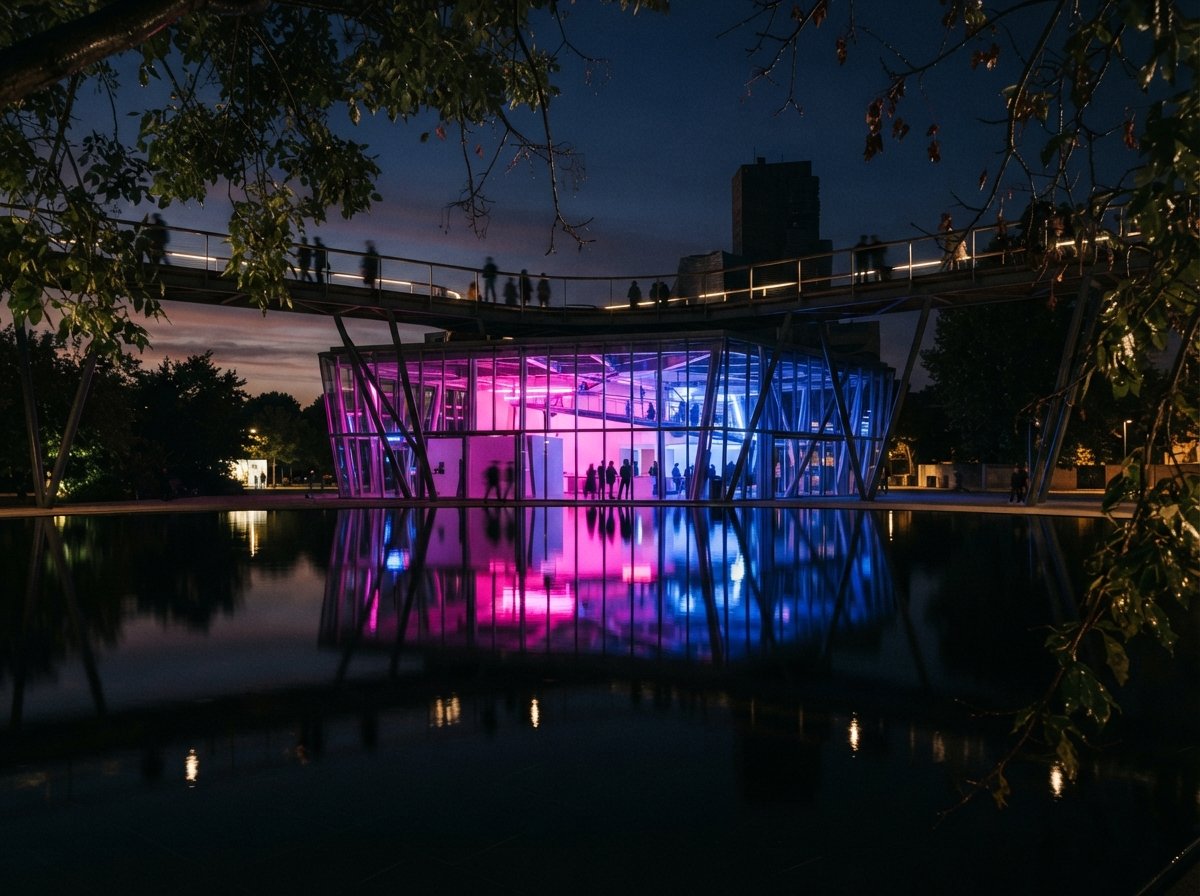 A modern glass building at night lit by magenta neon, perfectly mirrored in a still reflection pool.