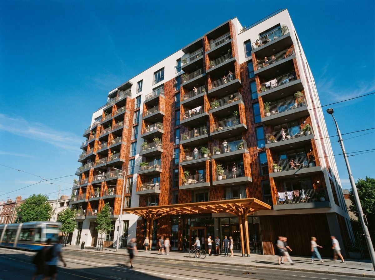 A modern residential building exterior with bright terracotta balcony tiles under direct midday sun.