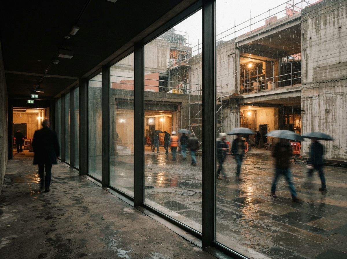 A rain-slicked concrete courtyard viewed through glass inside a building under construction.