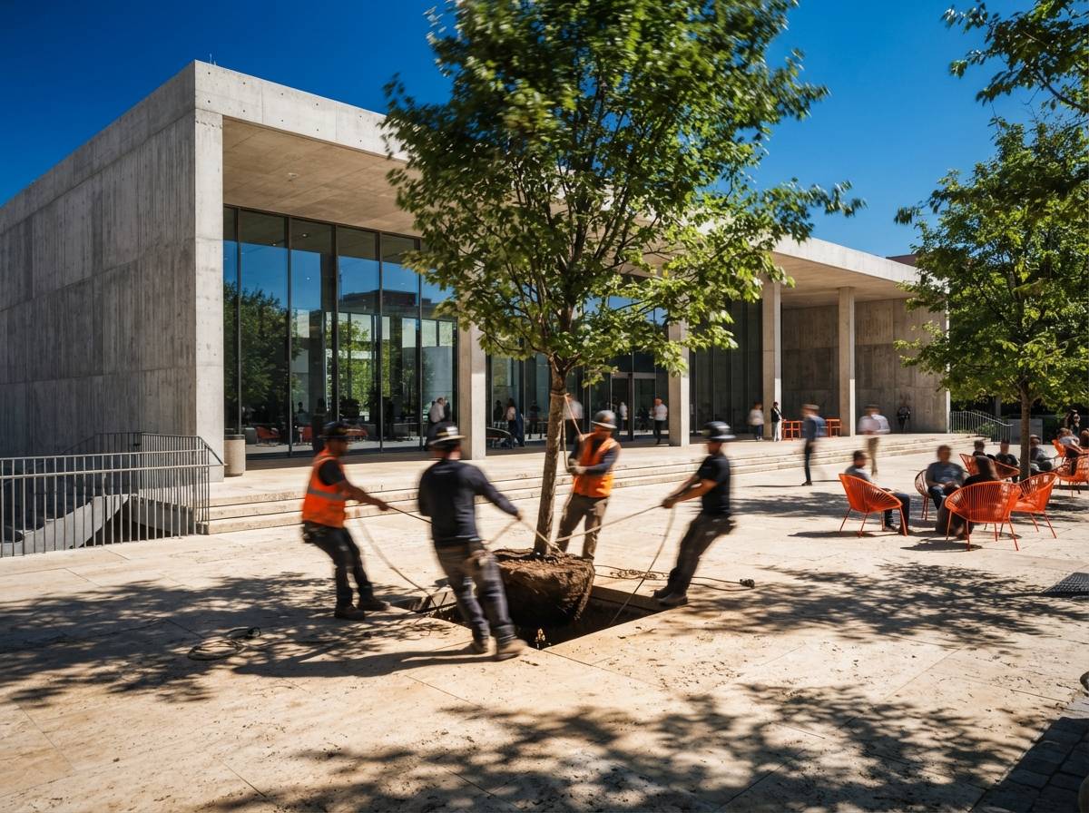 Landscape workers plant a mature tree into a square limestone plaza cutout under bright sunlight.