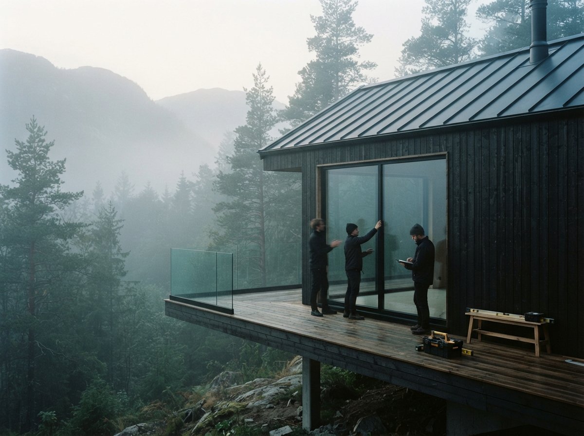 Architects inspect a timber building cantilever in dense morning fog.