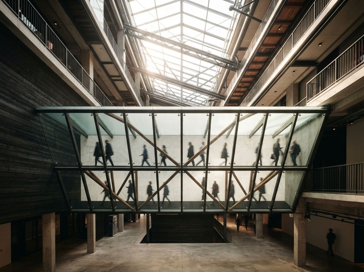 A low-angle photograph looking up through a glass walkway where people walk over panels of timber and marble.