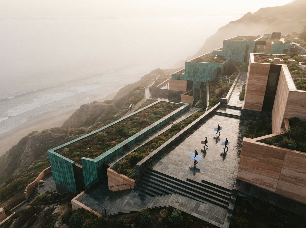 A top-down drone photograph of a terraced building stepping through dense morning fog as figures navigate the outdoor levels.