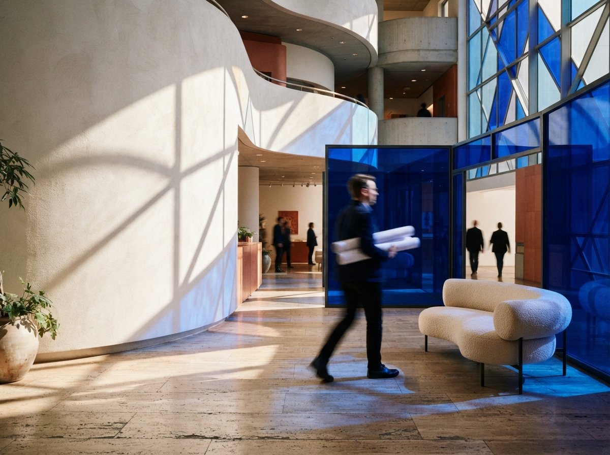 Sunlight shines through vibrant blue glass inside a curved travertine atrium as a figure walks past.