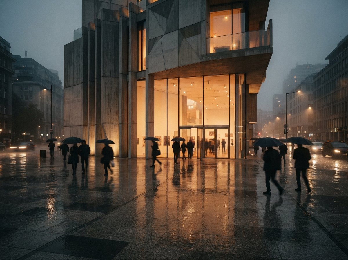 Pedestrians walk past a glowing concrete and glass museum plaza reflecting on wet pavement during drizzle.