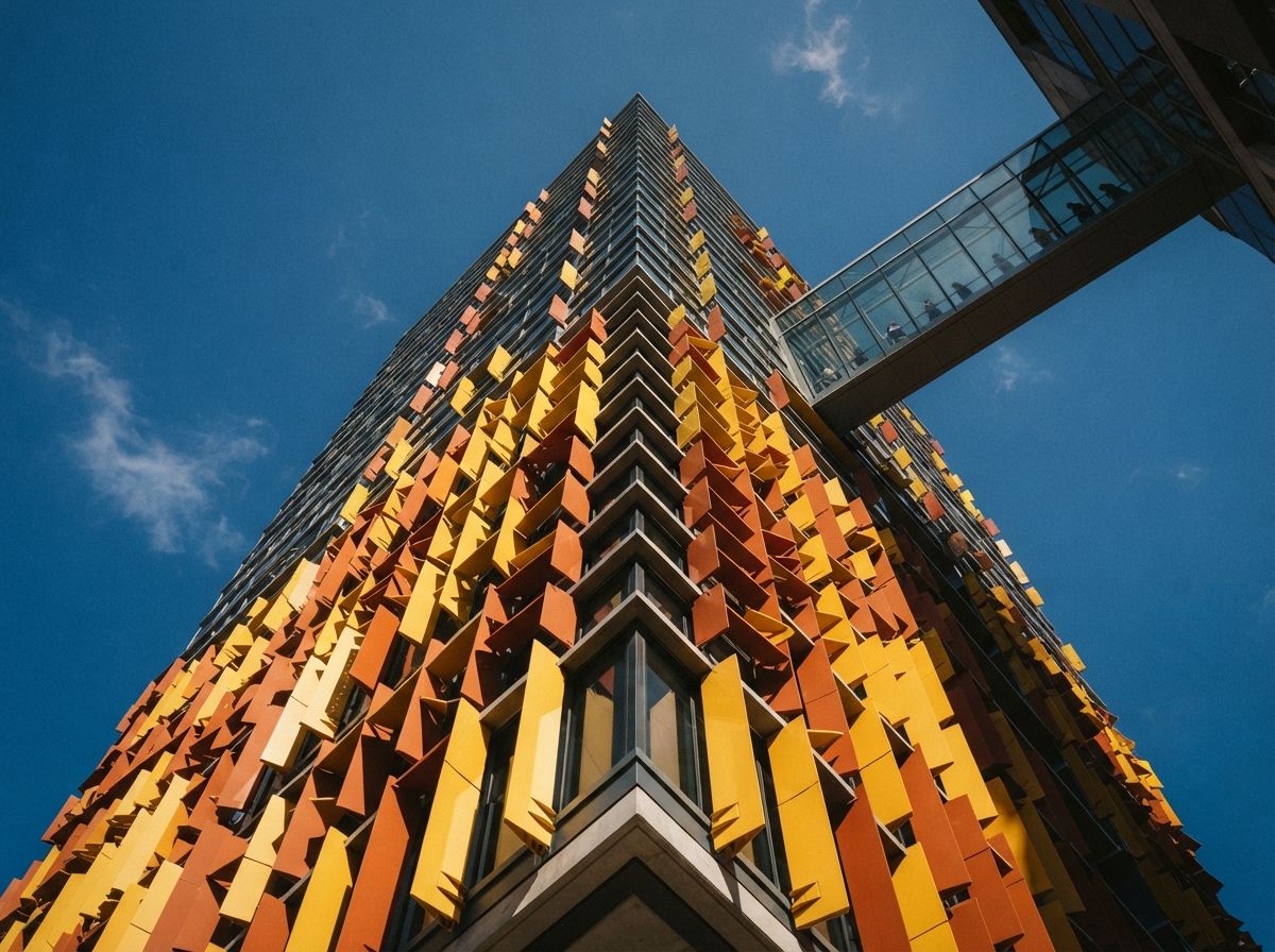 Worm's-eye view of a tall skyscraper facade featuring bright yellow louvers against a blue sky.