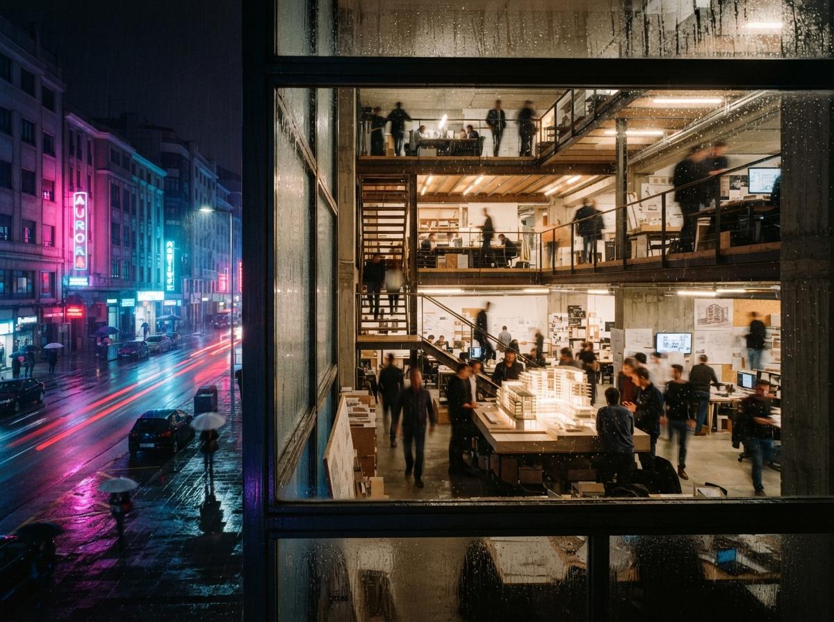 View through rain-covered glass into a brightly lit architectural studio at night with neon street light reflections.