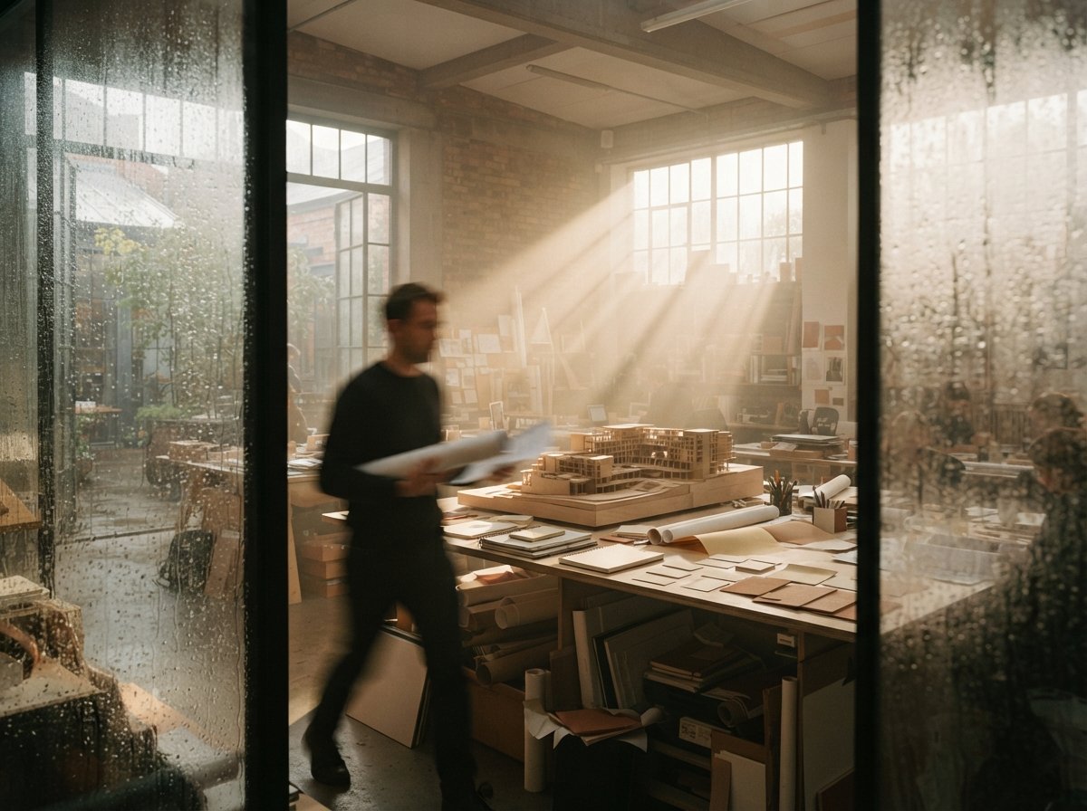 A view through a condensation-dusted glass panel into an architectural studio bathed in golden morning light shafts.