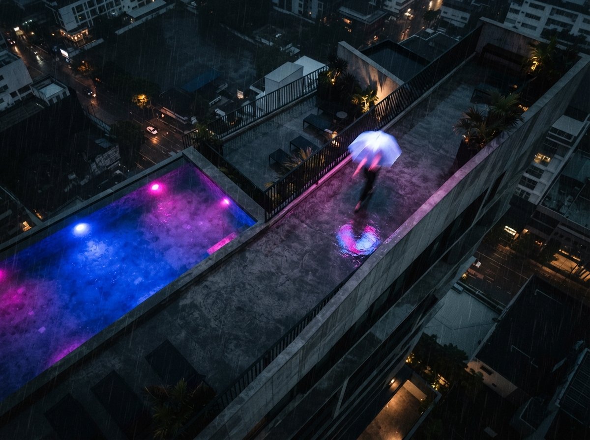 A top-down drone photograph of a wet rooftop terrace at night with vibrant neon light reflections in rain pools.