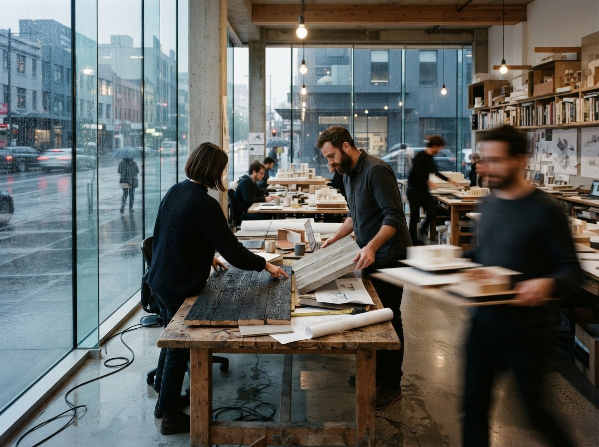 Architects review raw stone and timber material samples on a large studio table near rain-streaked windows.