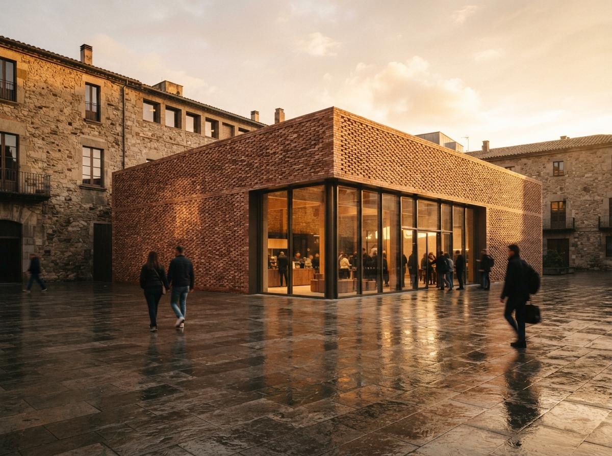 Pedestrians cross a sunlit urban plaza outside a modern brick museum extension.