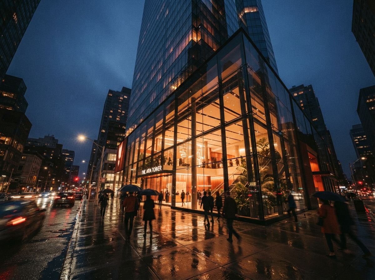 A street-level nighttime photo of a lit glass skyscraper atrium reflected on rain-soaked asphalt.