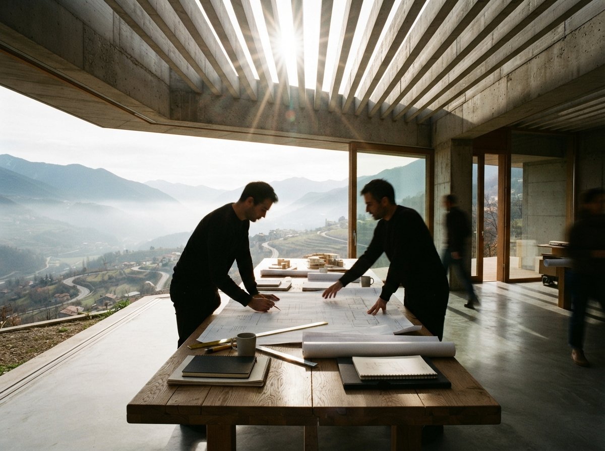 Architects stand over printed floor plans on an oak table inside a sunlit concrete pavilion overlooking a foggy valley.