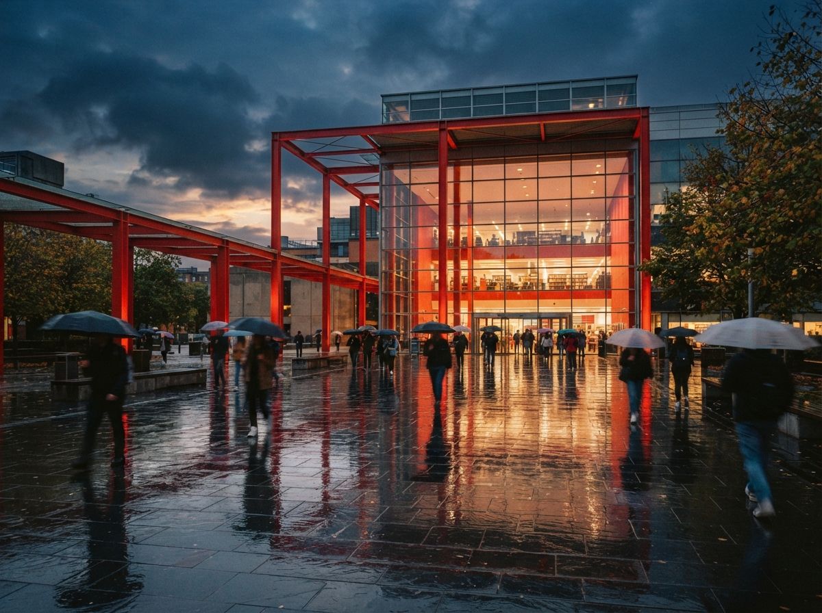 Pedestrians walk past a modern glass library building with bold red steel beams on a wet street.