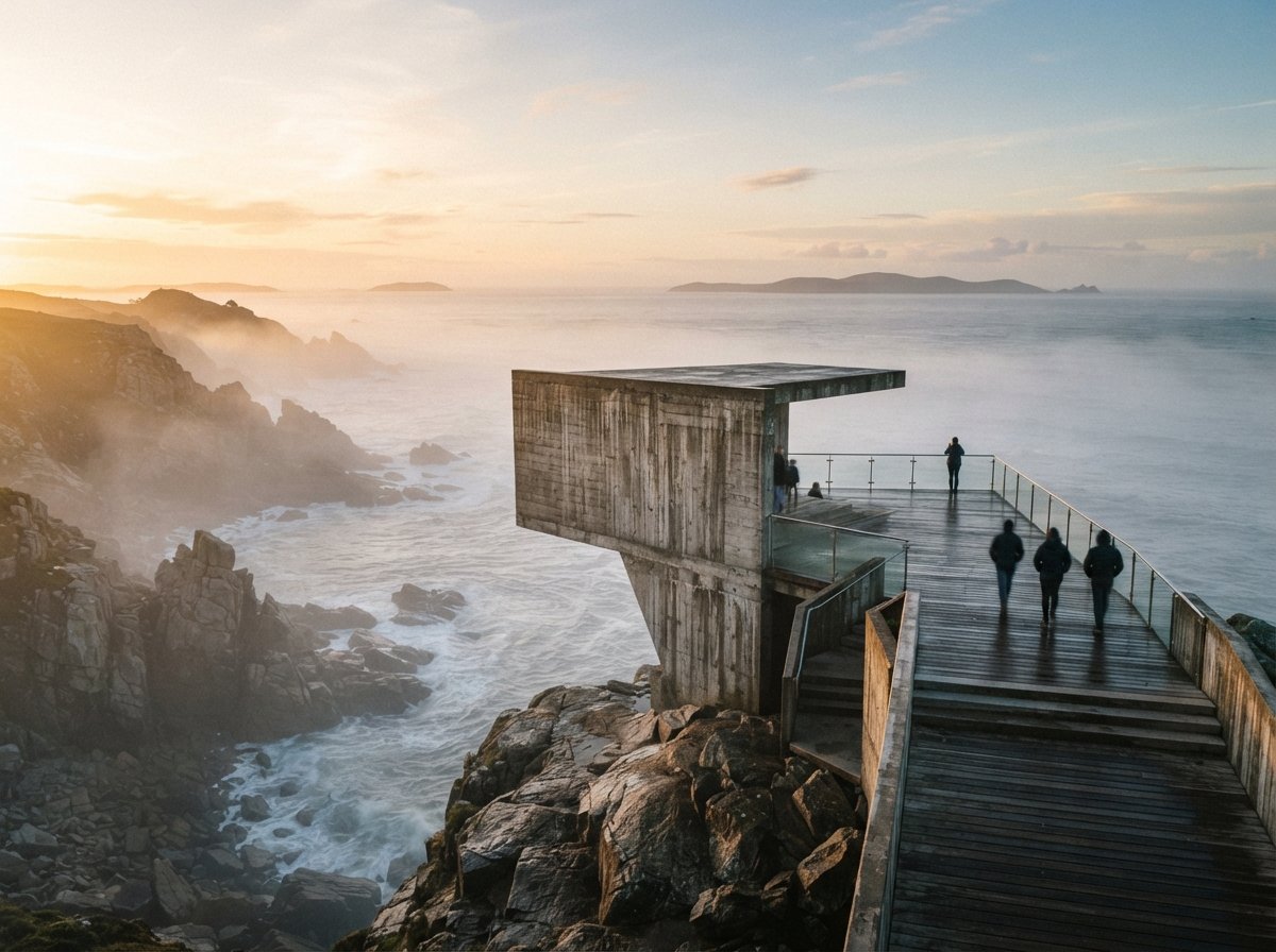 A concrete pavilion perched on a rocky coastal cliff during a foggy morning.