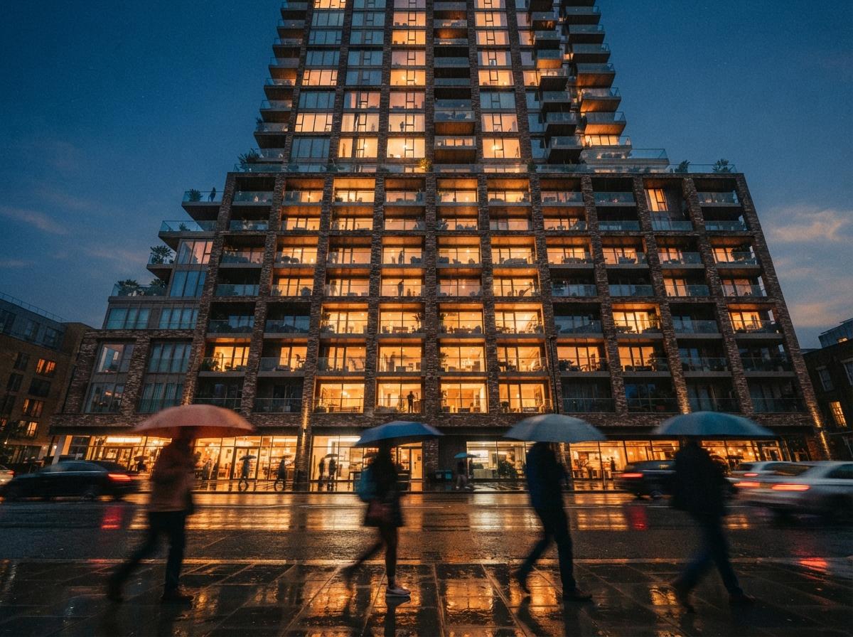 A street-level view of a multi-story residential building with warm light spilling from its windows onto wet pavement.
