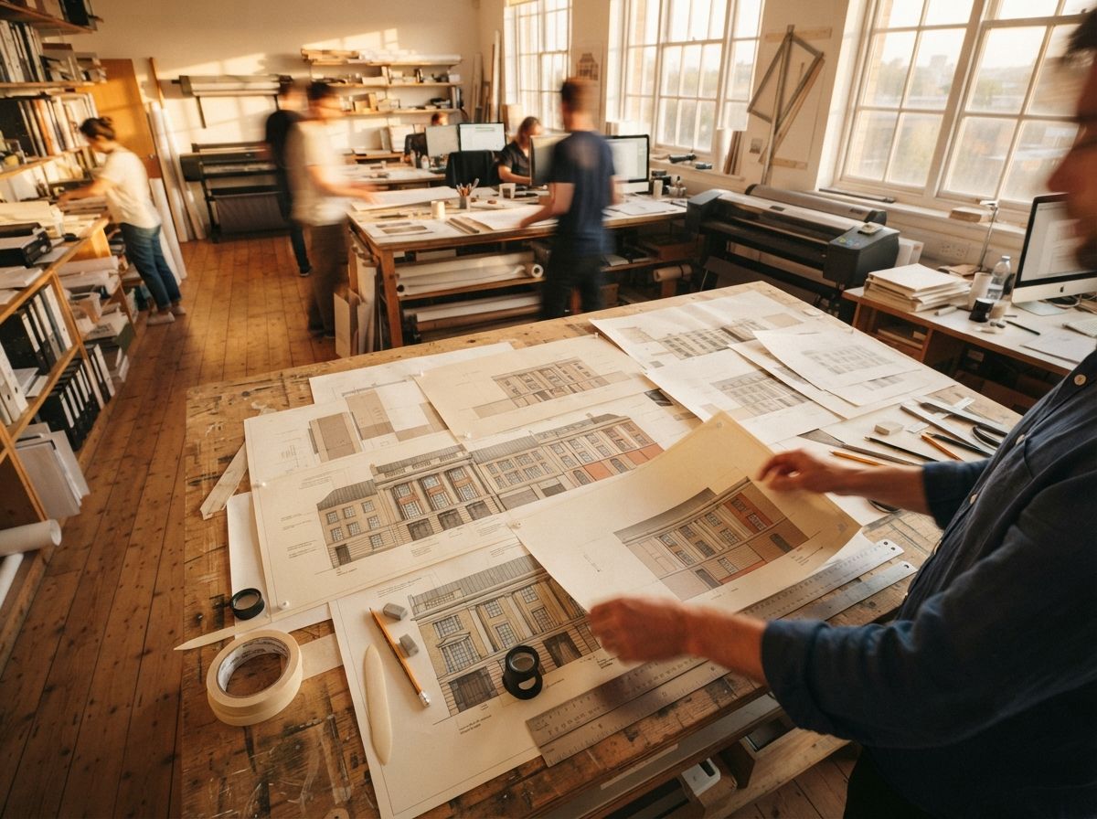 Hands moving across a drafting table filled with overlapping architectural paper prints and measuring tools.