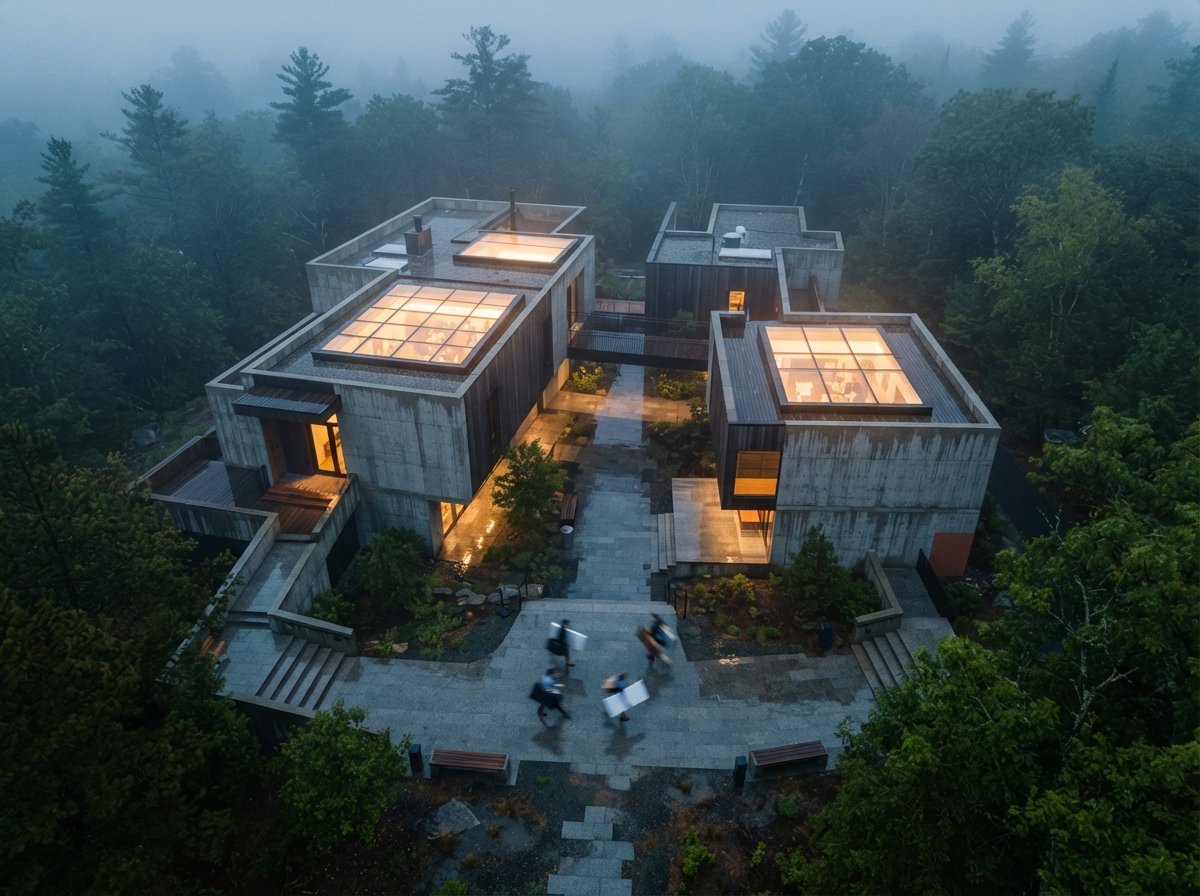A top-down drone view of a modern courtyard pavilion emerging from dense morning fog.