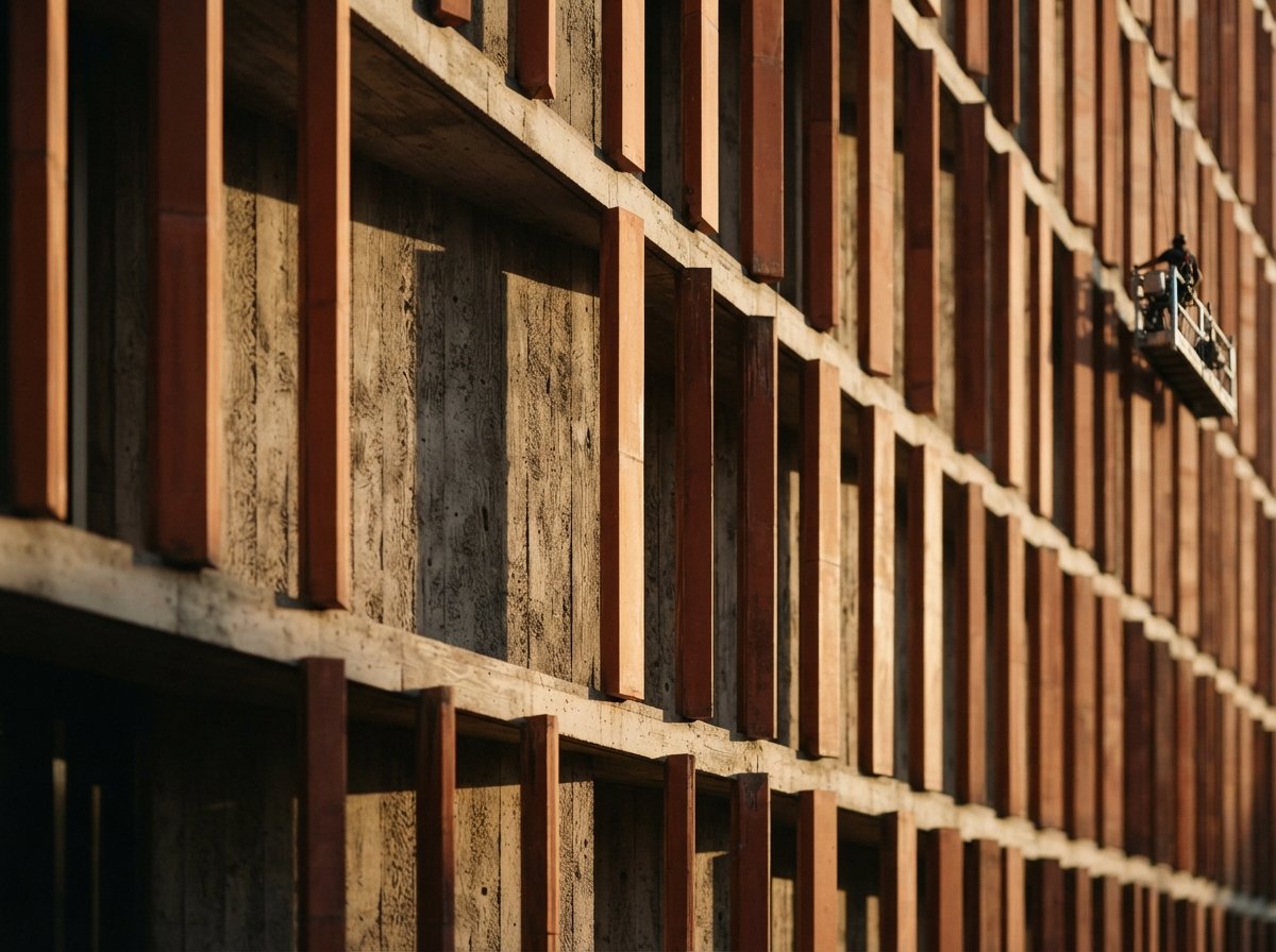 A macro close-up of terracotta louvers creating sharp shadows in raking sunlight.