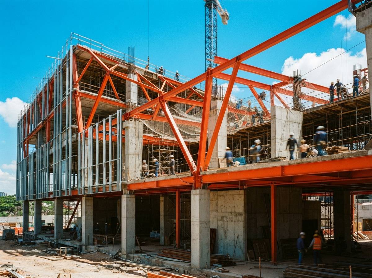 A bright midday exterior frame of a modern building showing vivid orange structural steel framing against a deep blue sky.