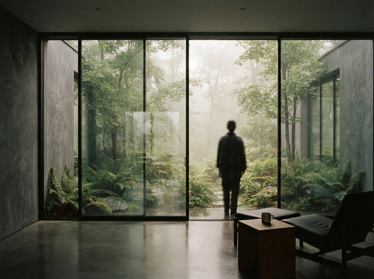 A foggy morning view from inside a concrete building looking into an overgrown atrium garden.