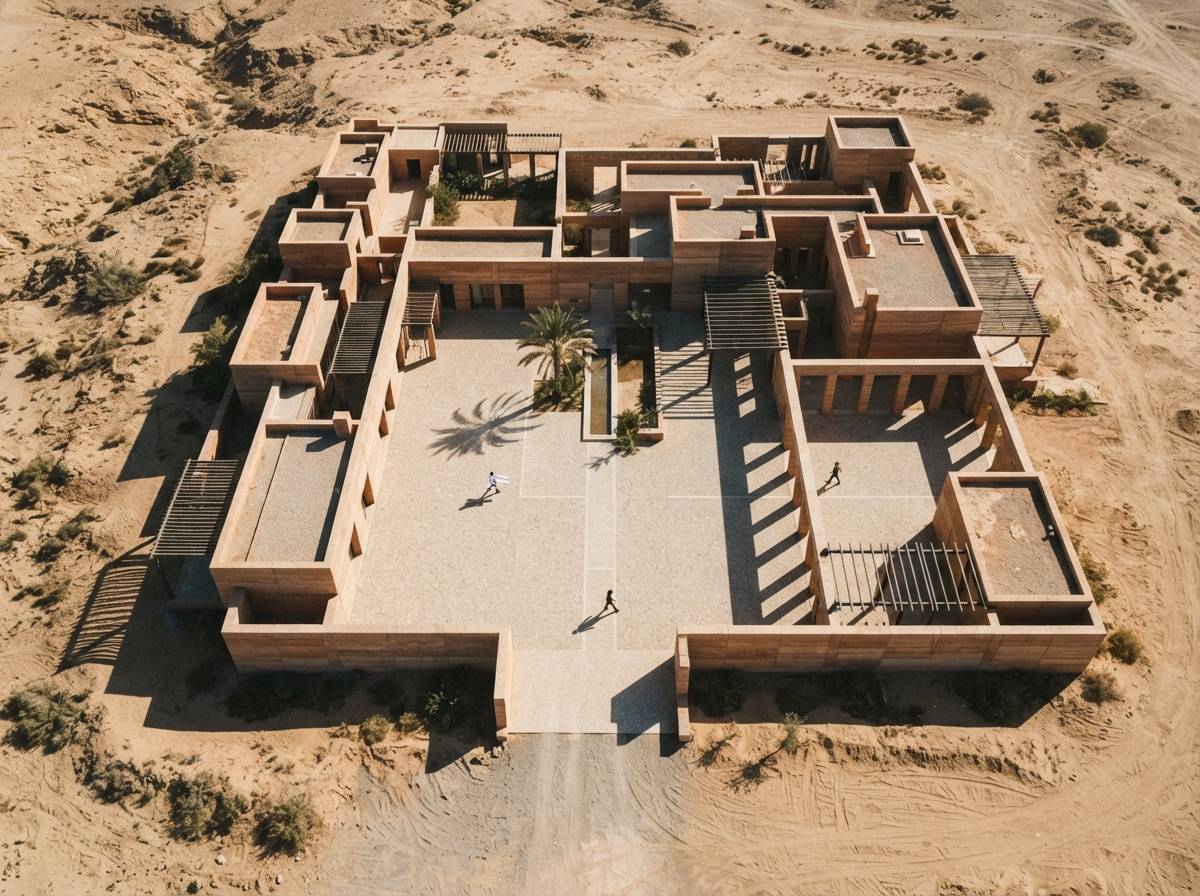 An overhead drone view of a rammed-earth architectural courtyard in a desert.