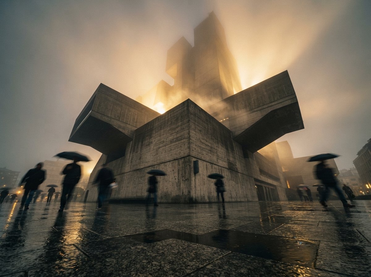 A low-angle shot from the pavement looking up at a brutalist concrete building in dense morning fog.