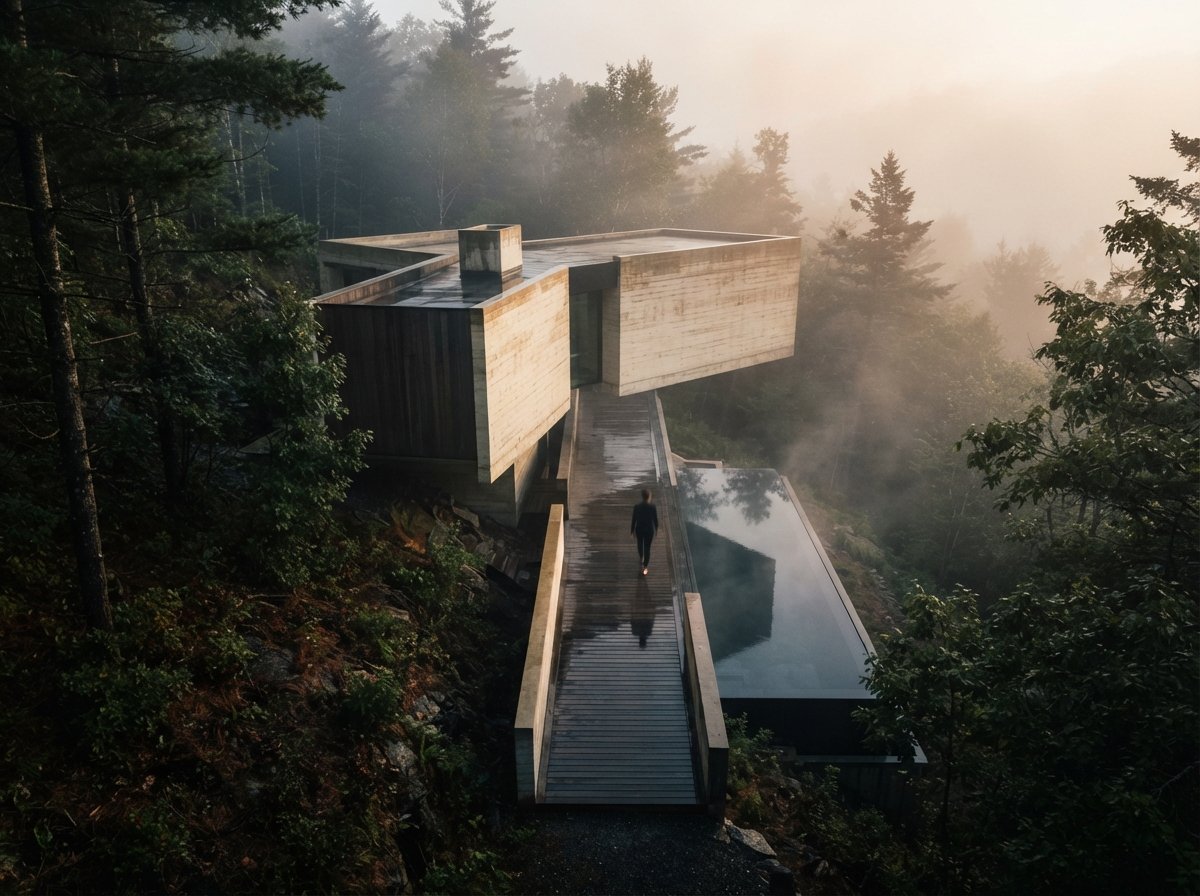 A top-down aerial view of a concrete villa embedded in a foggy pine forest at dawn.