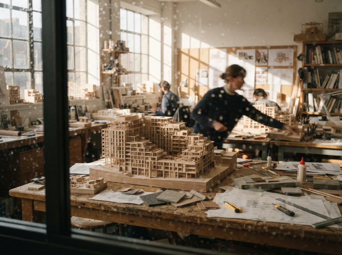 A view through a glass partition showing an architectural model and workspace in morning sunlight.