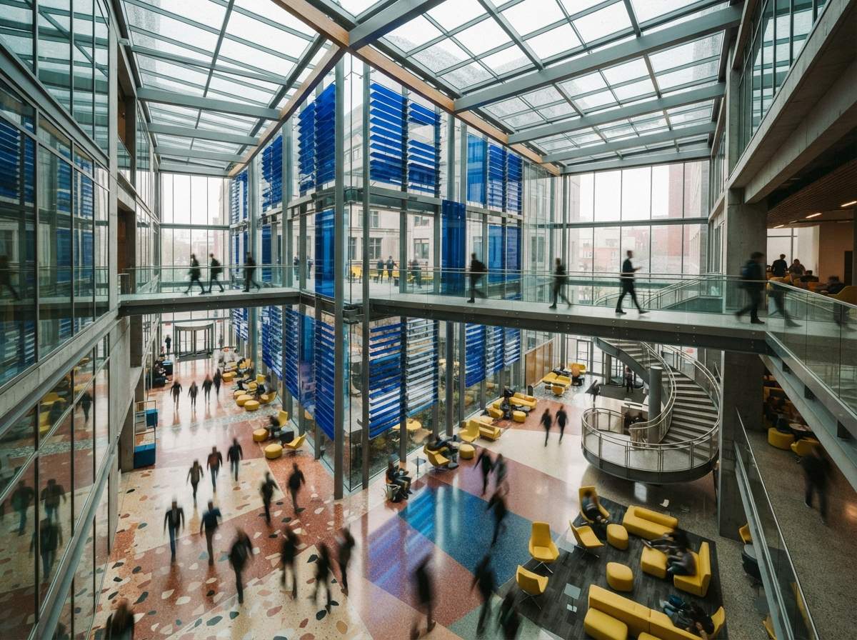 A high-angle view of a colorful modern atrium with glass walkways and silhouetted figures walking.