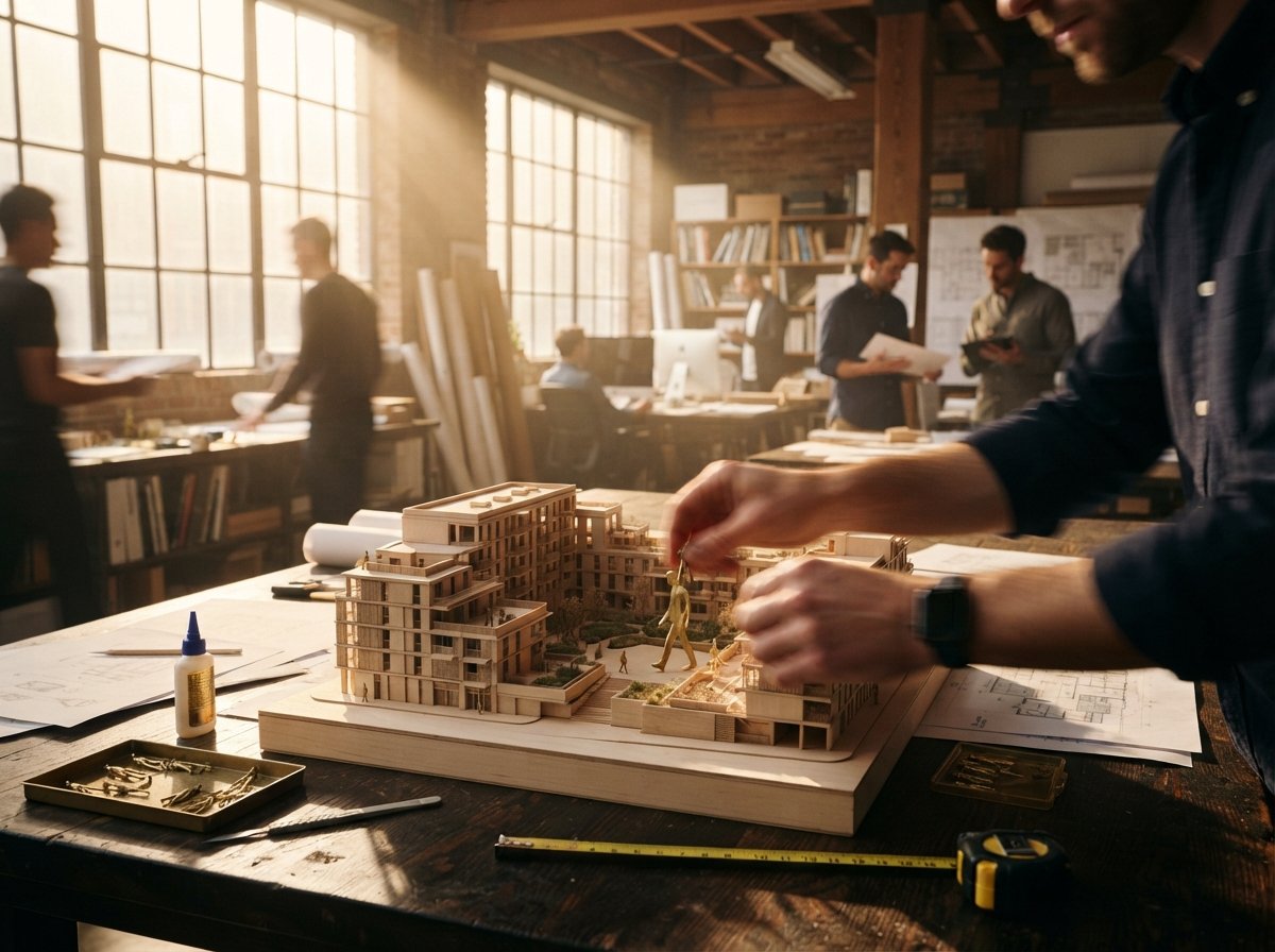 A close-up of a physical architectural model on a studio workbench with hands placing scale figures.