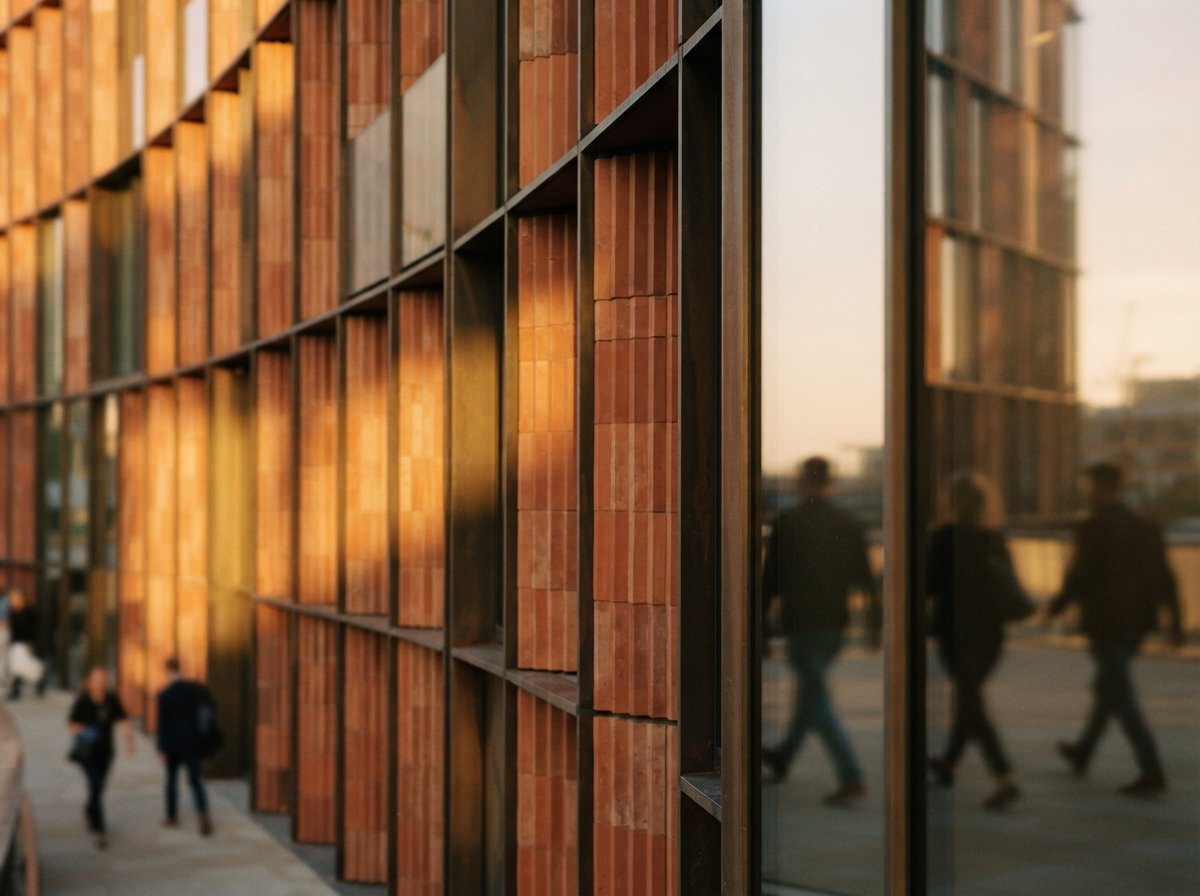 A macro photograph shows warm terracotta ribbed wall panels lit by sharp golden hour shadows.