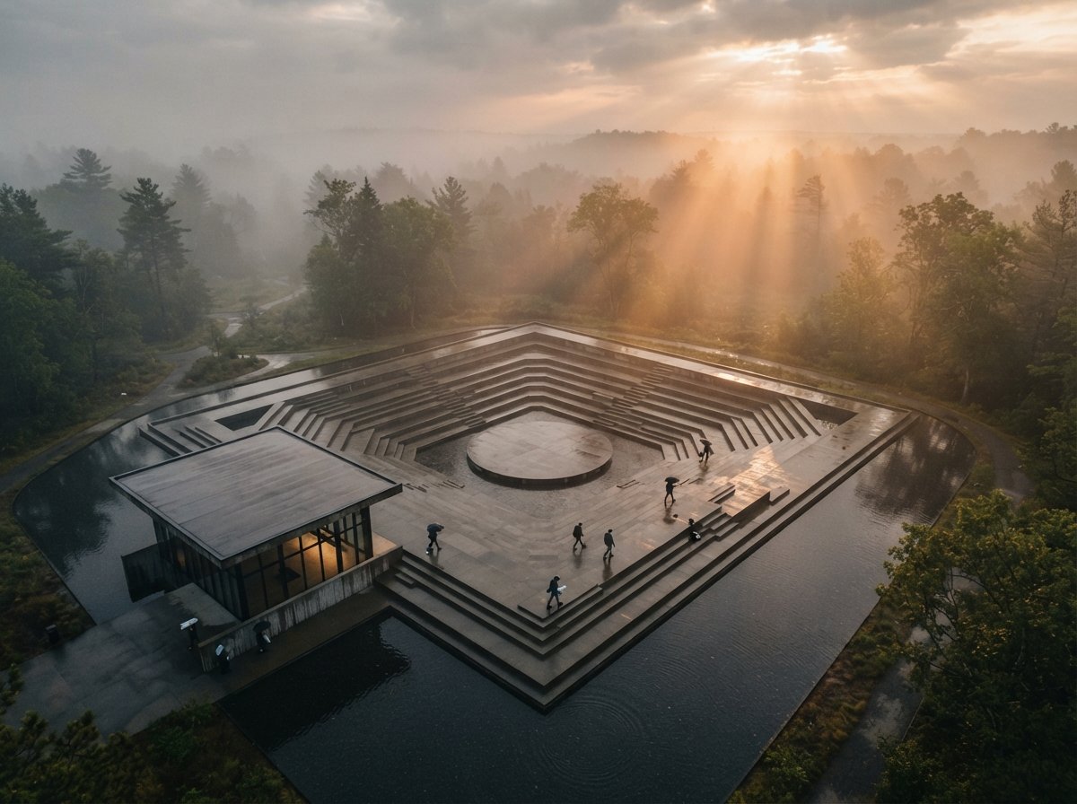 A top-down aerial view depicts a concrete pavilion pool amidst dawn mist and clearing fog.