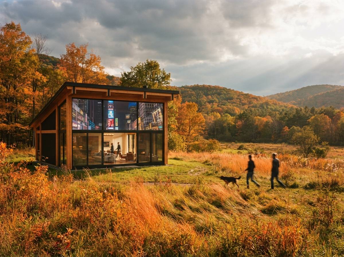 A modern glass barn in a countryside meadow features glass windows reflecting a dense downtown skyscraper district.