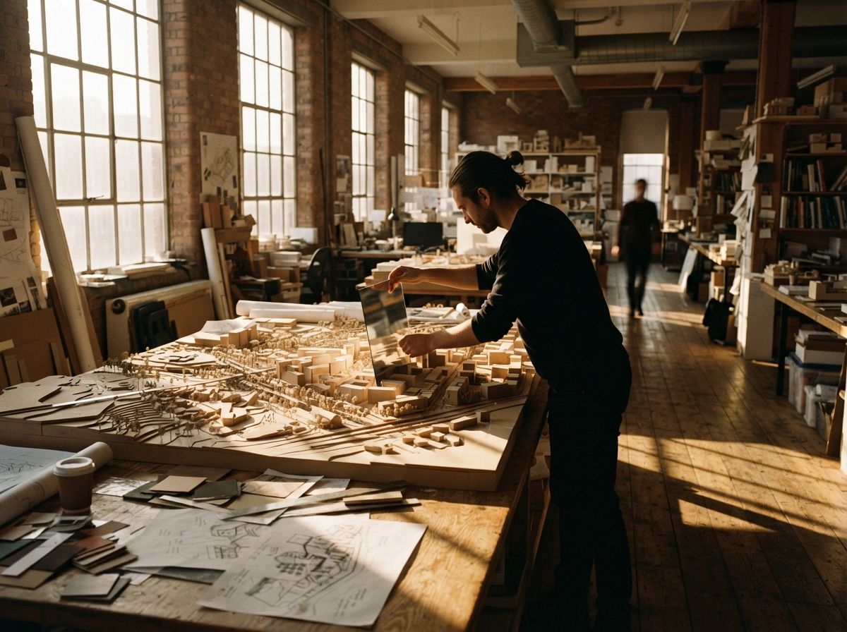 An architect silhouetted in a sunlit studio adjusts a reflective acrylic piece on a physical site model.