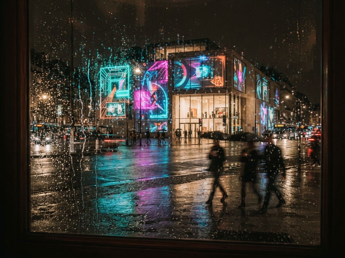 A night photograph of a projection-mapped museum facade seen through a rain-covered window glass.