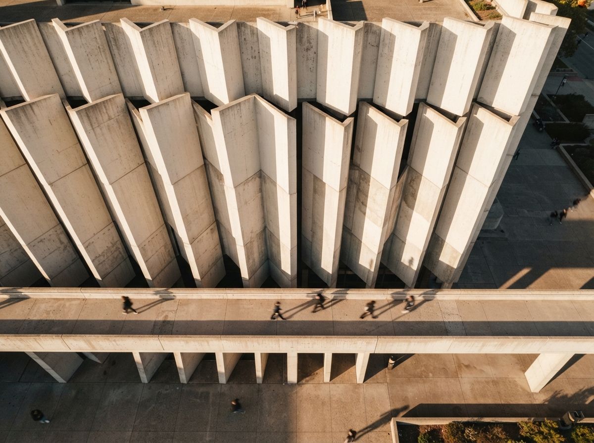 A top-down abstract photograph of brutalist concrete panels casting sharp, angular shadows.