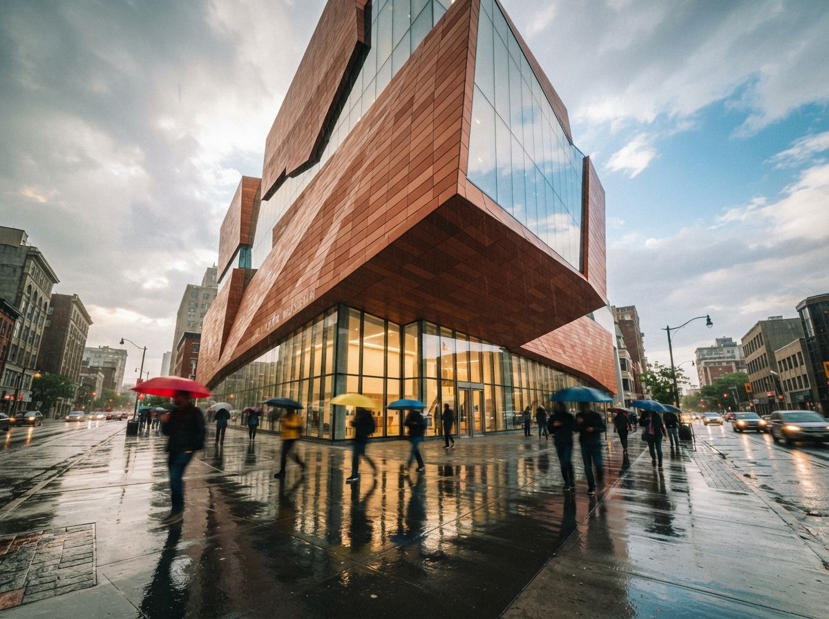 A low-angle photograph of a contemporary terracotta-clad building overhang reflecting in wet pavement under rain-washed light.