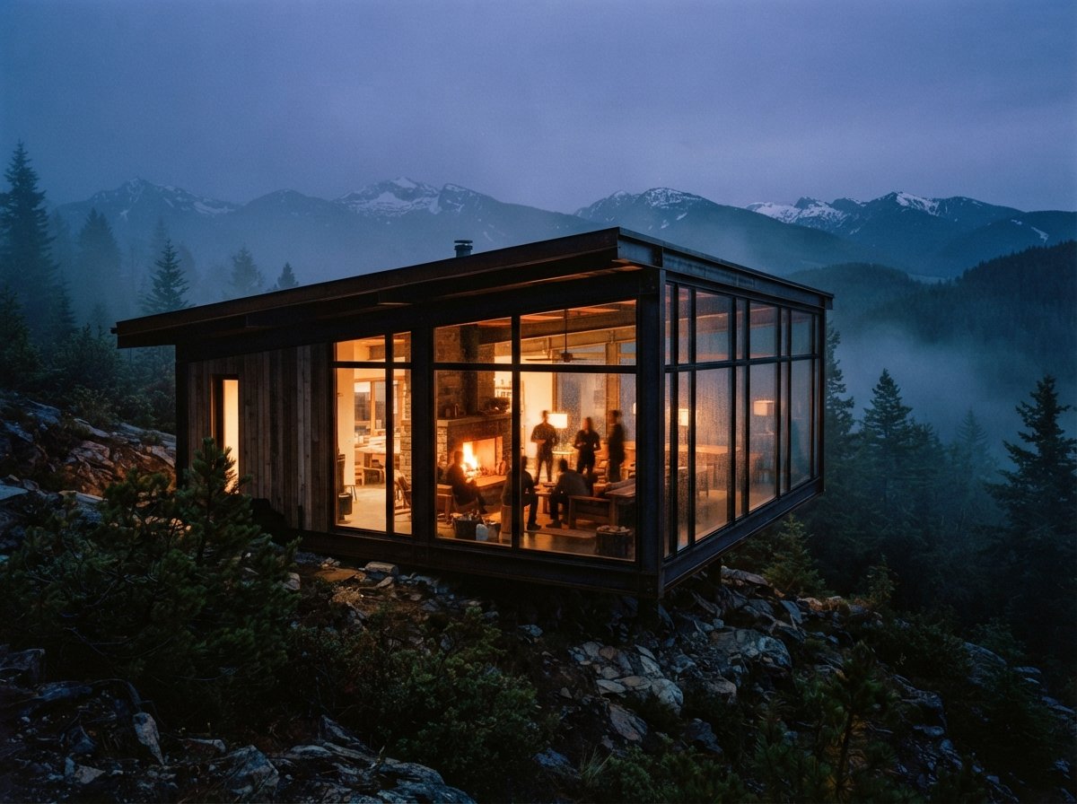 An evening dusk photograph of a modern glass mountain house glowing with warm interior lighting amid dark pine trees.