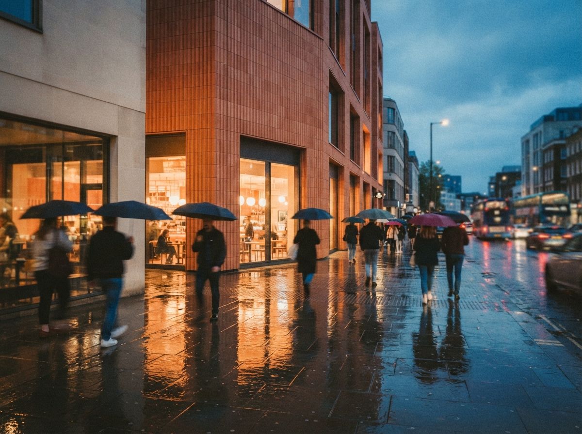 A modern glass building facade lights up a rain-washed city street at dusk as pedestrians walk past.