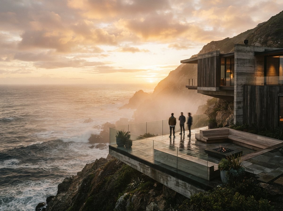 A concrete and timber residence sits atop a ocean cliffside wrapped in morning golden hour mist.