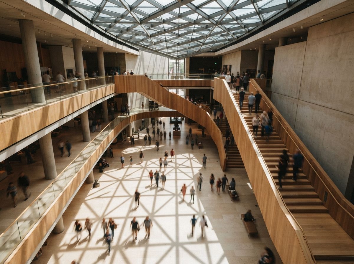 A sunlit architectural atrium with long geometric shadows cast by skylights onto limestone floors.