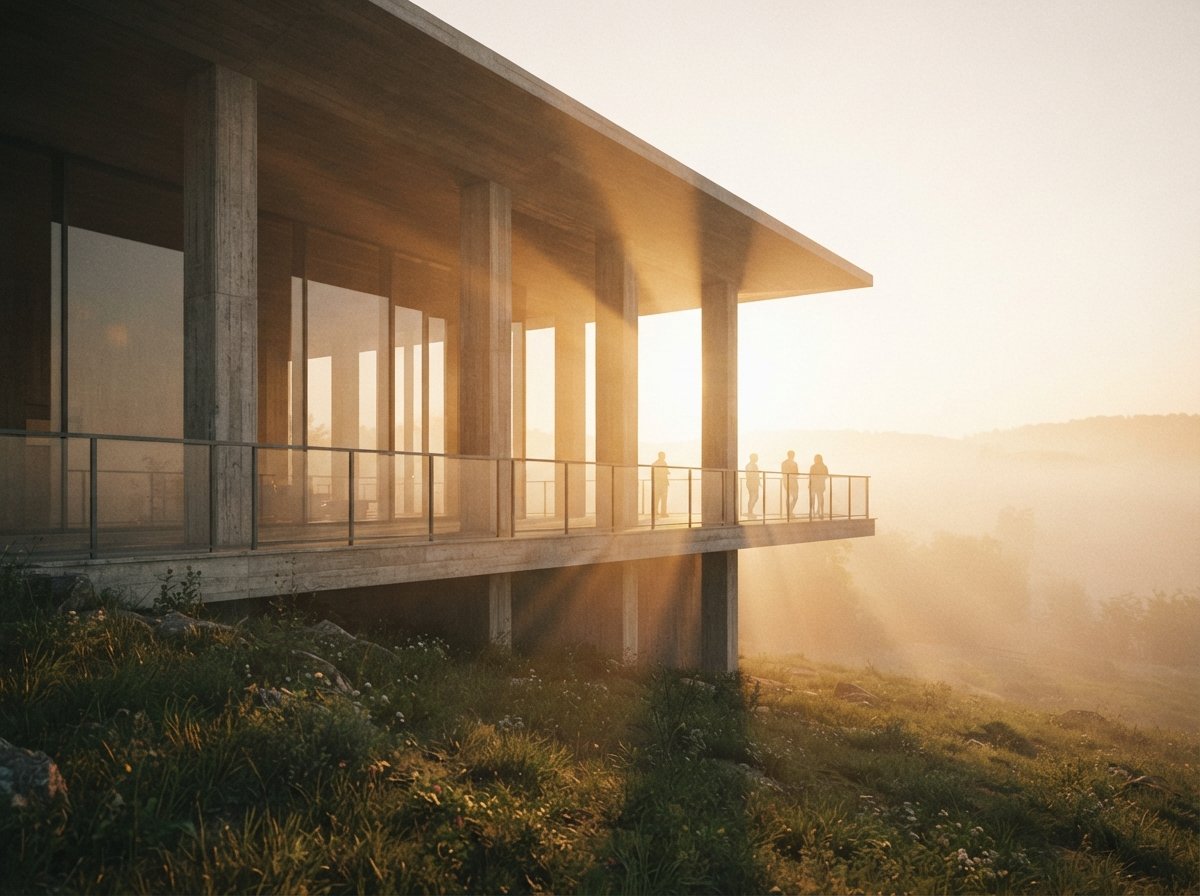 A concrete pavilion on a foggy hilltop with golden hour sun shafts slicing through the structure.