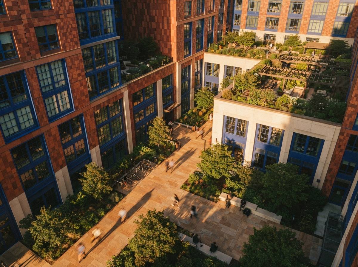 An aerial bird's-eye view of a vibrant terracotta building courtyard filled with golden hour light and moving pedestrians.