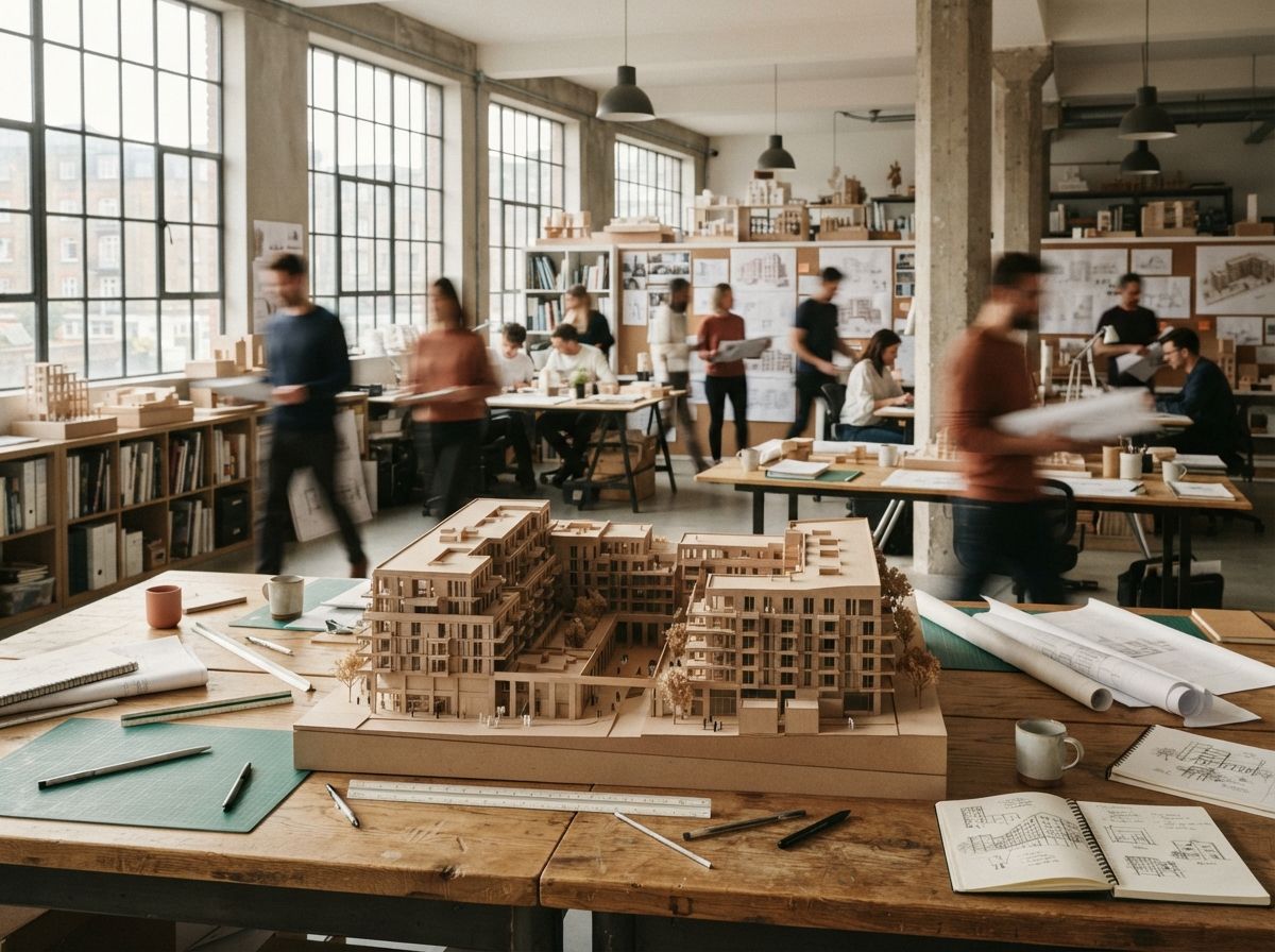 An interior architectural studio with a basswood physical model on a long table in crisp morning light.
