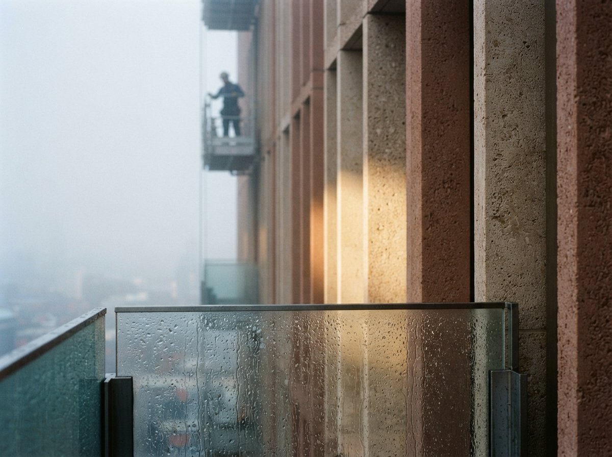 A close-up architectural shot of textured concrete facade fins catching early morning sun through fog.