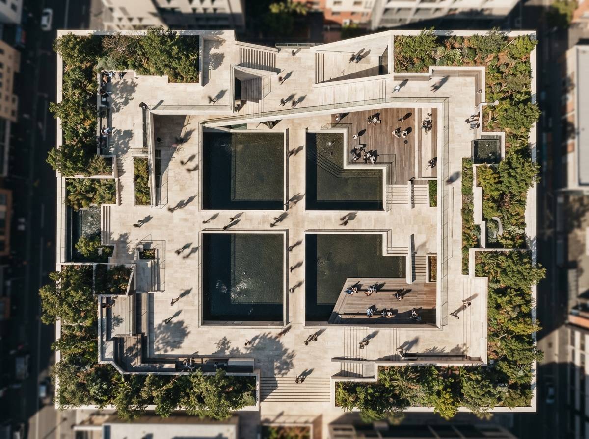 An overhead drone view of an architectural plaza with reflecting pools, travertine steps, and moving silhouettes.
